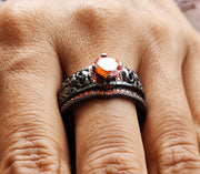 Unique Gothic Skull Bridal Wedding Ring Set, Fire Opal Birthstone Vintage Engagement ring set, Matching Band for her, Black Skull