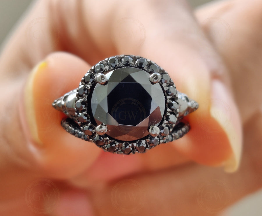 3.60 Ct Gothic Skull Bridal Wedding Ring Set, Large Round Black Diamond, Unique Women Engagement ring set, Stacking Matching Band for Her