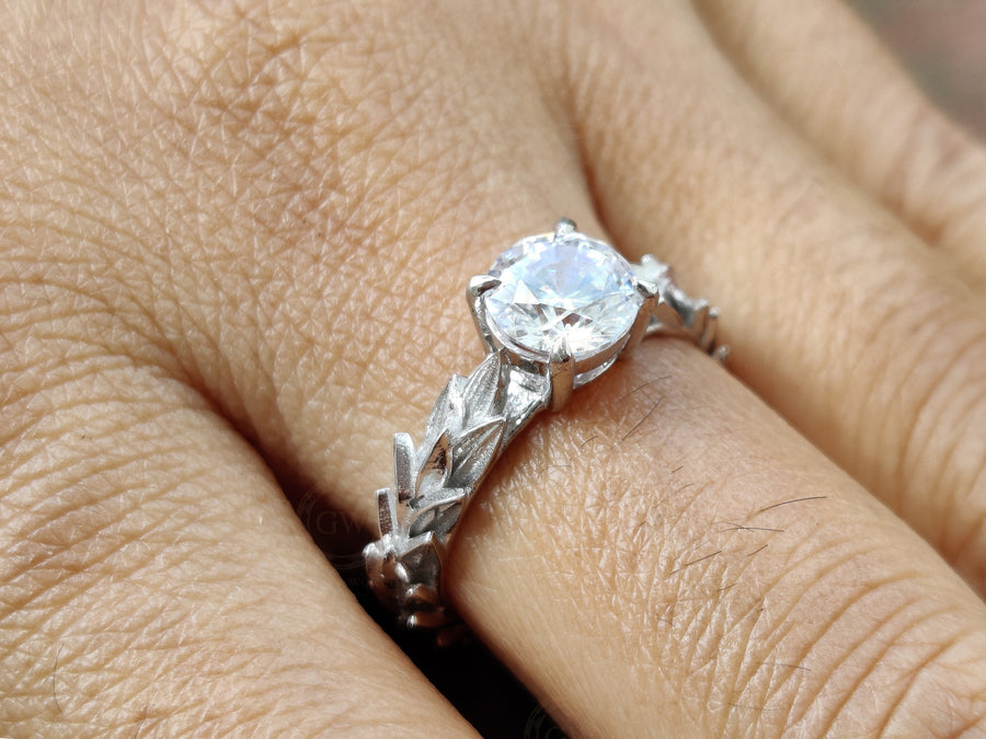 Round Solitaire Moissanite Engagement Ring / Nature Inspired Ring