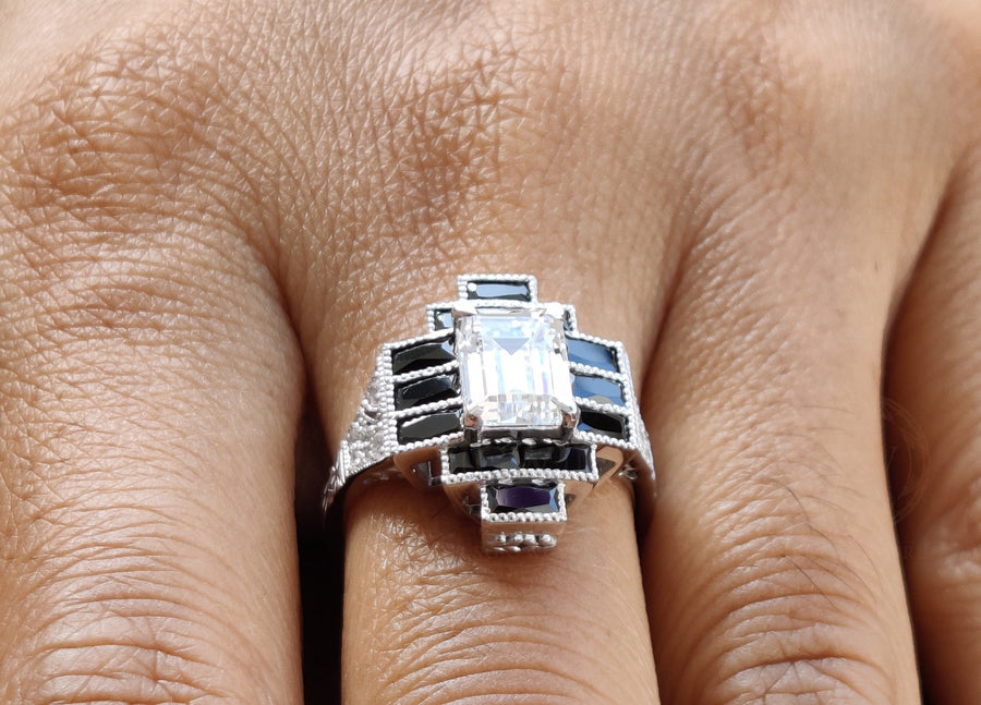 Estate Jewelry Rings, Antique Engagement Rings, Black Baguette Vintage Engagement Ring, Art Deco Moissanite Ring, Rings For Women, Silver