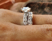 Round Moissanite Engagement Wedding Ring Set / Sterling Silver / Matching Band / Wedding Band / Half Eternity Band / Ring Set For Women