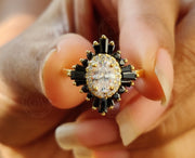 14k Gold Starburst Halo Engagement Ring / Art Deco Wedding Ring / Black Baguette / Oval Moissanite Ring / Women Sunburst Ring / Gift For Her