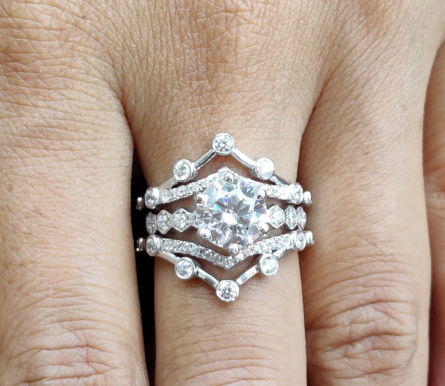 Moissanite Vintage Bridal Set, Ring Jacket and Engagement Ring, Double Chevron Ring, V-Shaped Wedding Ring Enhancer Set, wrap guard band