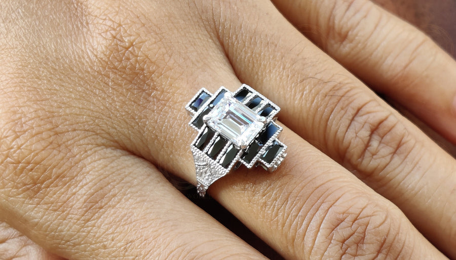 Black Baguette Vintage Engagement Ring, Art Deco Moissanite Ring, Rings For Women, Silver