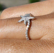 Elegant Silver and Gold Moissanite Starfish Ring - Unique Stacking Beauty Inspired by Sea Stars - Dainty Minimalist Ring for Women