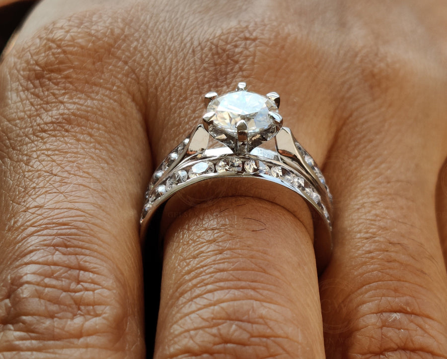 Round Moissanite Engagement Wedding Ring Set / Sterling Silver / Matching Band / Wedding Band / Half Eternity Band / Ring Set For Women