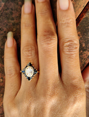 14k Gold Starburst Halo Engagement Ring / Art Deco Wedding Ring / Black Baguette / Oval Moissanite Ring / Women Sunburst Ring / Gift For Her