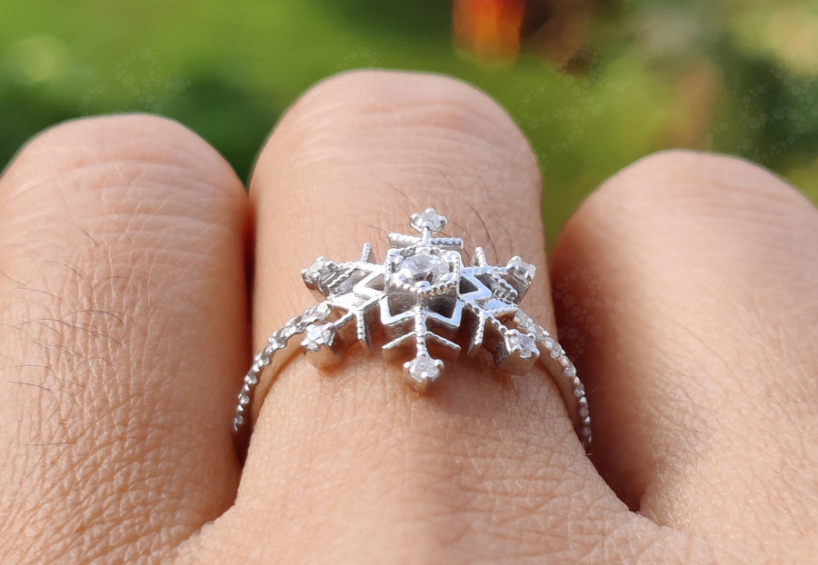 Christmas Snowflake Ring - Silver and Solid Gold Stackable Beauty for Holiday Festivities