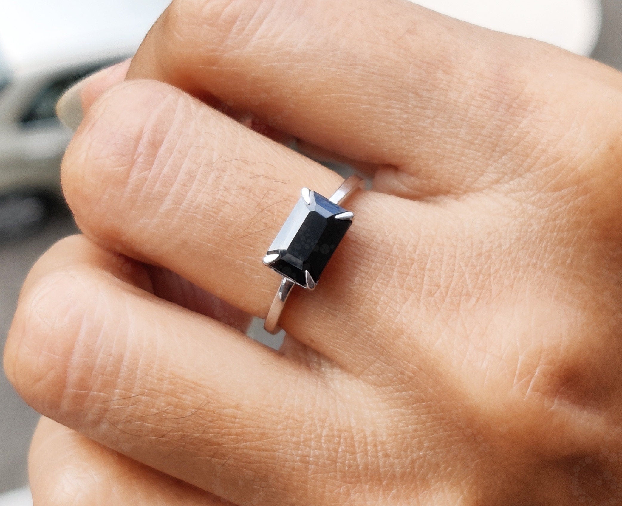 Onyx Elegance: Black Onyx Solitaire Engagement Ring, a Minimalist Silver and Gold Women's Ring for Timeless Elegance