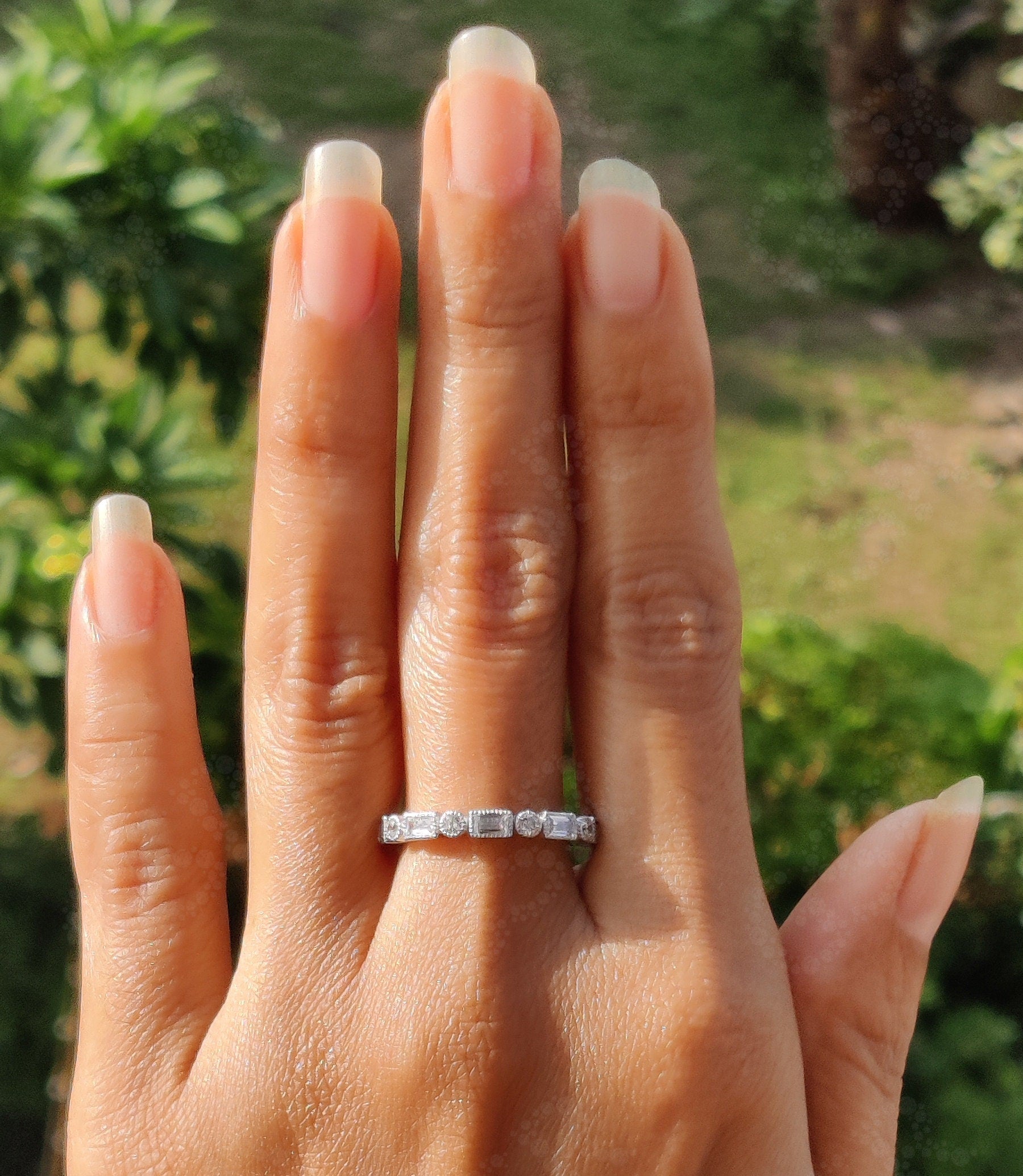 Vintage Art Deco Baguette & Round Moissanite Wedding Ring: A Stunning Silver and Gold Eternity Band for Your Special Day