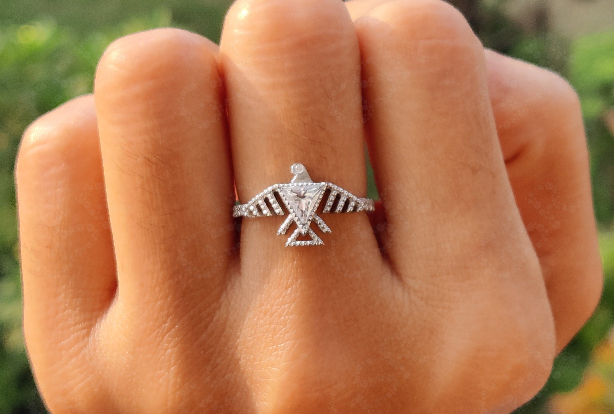 Eagle Spirit Soars: Native American Eagle Phoenix Ring – A Silver and Gold Moissanite Ring Featuring Majestic Eagle Symbolism, Perfect as a Unique Jewelry Piece, a Dainty Minimalist Ring for a Symbolic Touch