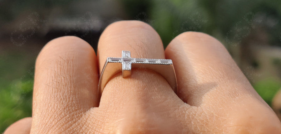 Divine Elegance: Christian Cross Stacking Ring in Silver and Solid Gold with Baguette Moissanite, a Symbol of Faith and Grace for Women