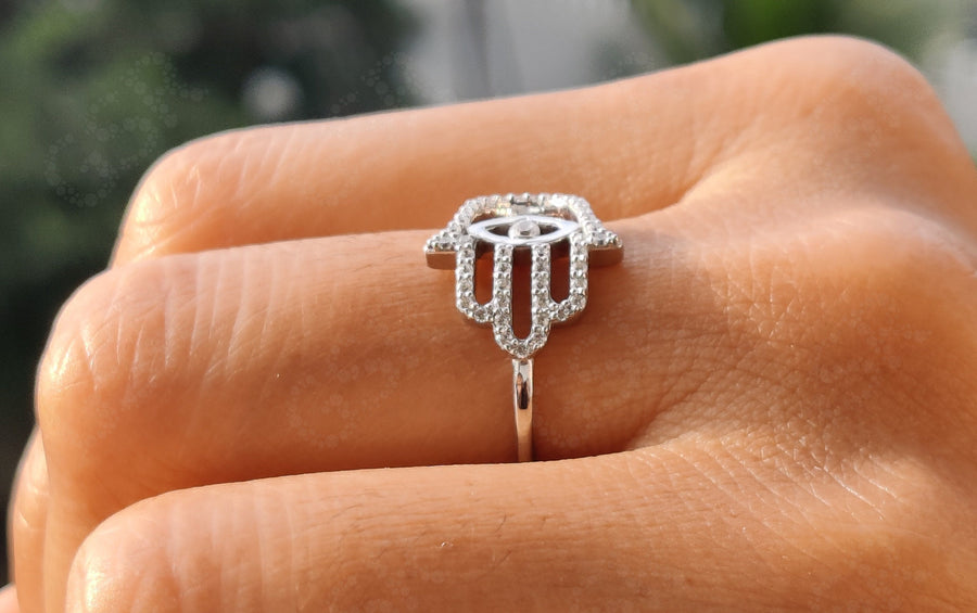 Hamsa Moissanite Ring - Silver and Gold Stacking Ring for Good Luck and Style