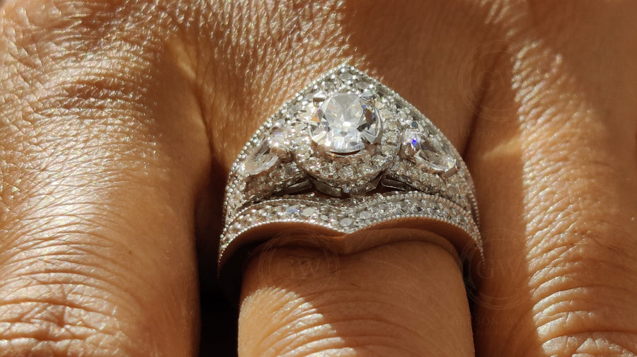 Moissanite Vintage Bridal Ring Set, Ring Jacket and Oval 3 Stone Halo Engagement Ring, Art Deco Wedding Ring Enhancer Set, wrap guard band