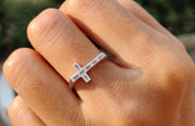 Divine Elegance: Christian Cross Stacking Ring in Silver and Solid Gold with Baguette Moissanite, a Symbol of Faith and Grace for Women
