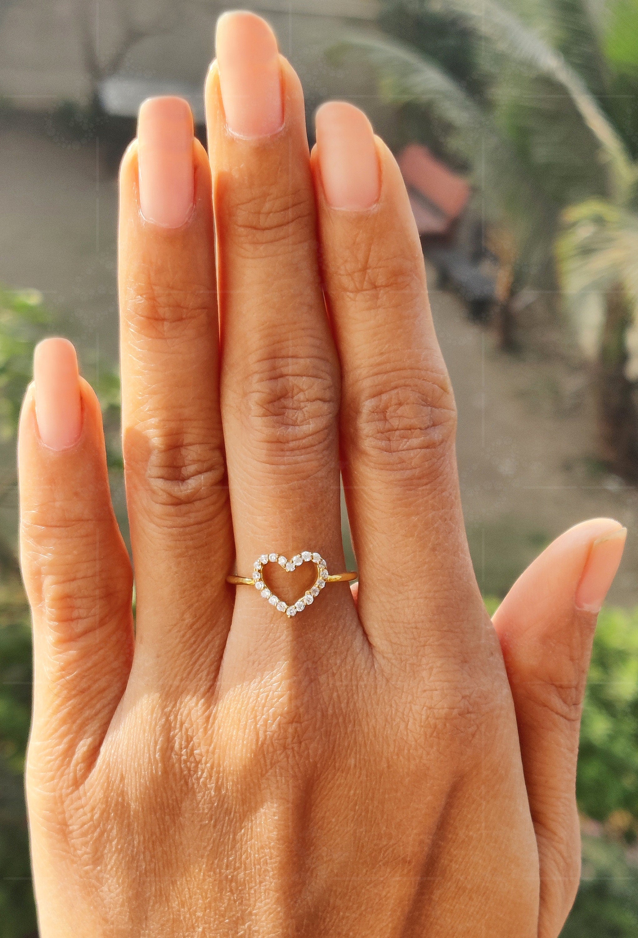 Heartfelt Hollow Heart Ring: Silver and Gold Moissanite Love in a Dainty Design