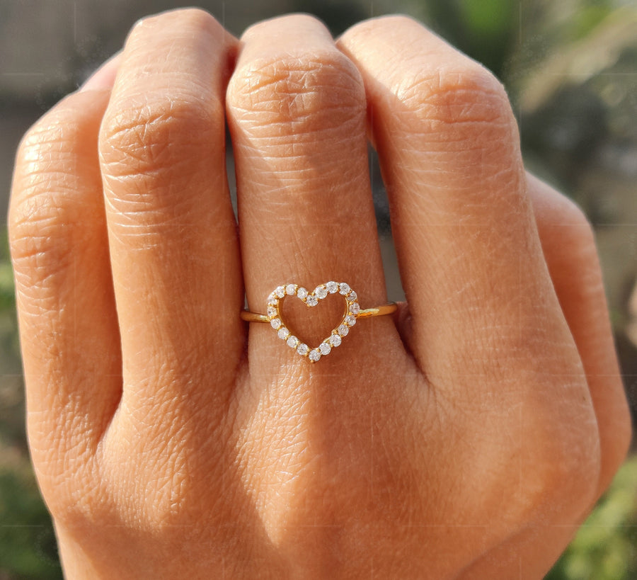 Heartfelt Hollow Heart Ring: Silver and Gold Moissanite Love in a Dainty Design