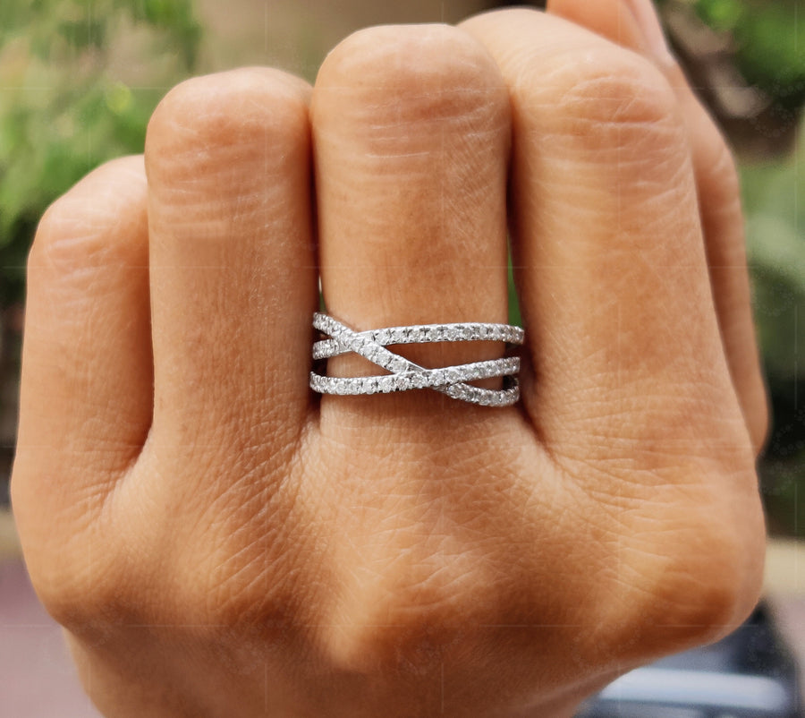 Elegant Criss Cross Moissanite Half Eternity Band - X Criss Cross Wedding Ring - Minimalist X-Shaped Moissanite Ring - Overlapping Dainty Beauty