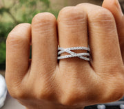 Elegant Criss Cross Moissanite Half Eternity Band - X Criss Cross Wedding Ring - Minimalist X-Shaped Moissanite Ring - Overlapping Dainty Beauty