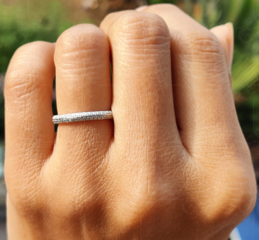 Knife Edge Full Eternity Wedding Band with Round Moissanite - Silver & Gold Stacking Ring Set