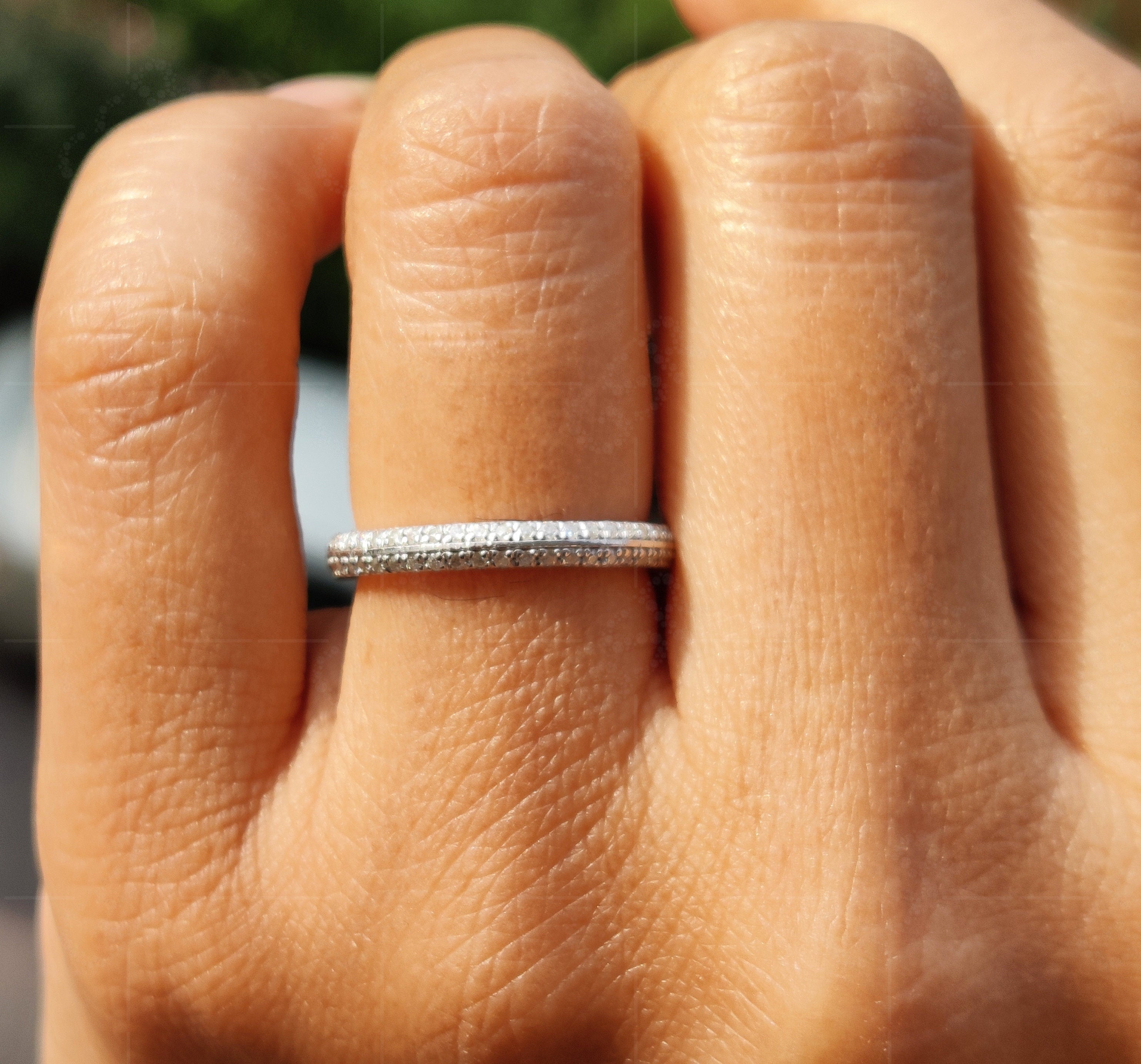 Knife Edge Full Eternity Wedding Band with Round Moissanite - Silver & Gold Stacking Ring Set