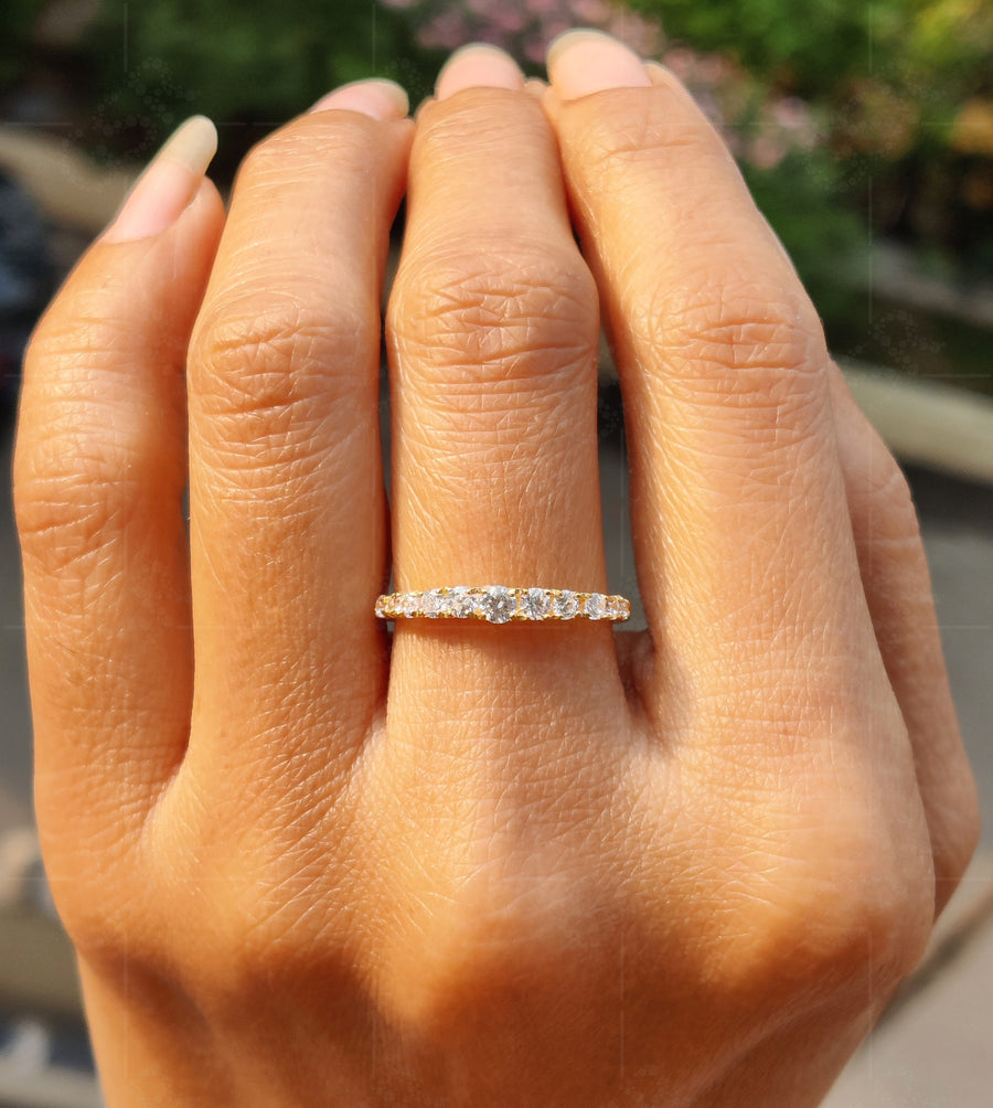 Graduated Moissanite Anniversary Ring in Silver and Gold - Simple and Elegant Wedding Band for Her