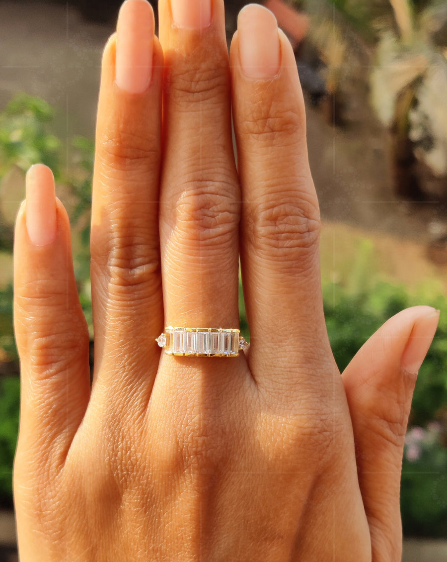 Elegant Baguette Bliss: Silver and Gold Baguette Moissanite Anniversary Ring - Dainty Moissanite Stackable Ring, Ideal Gift For Her