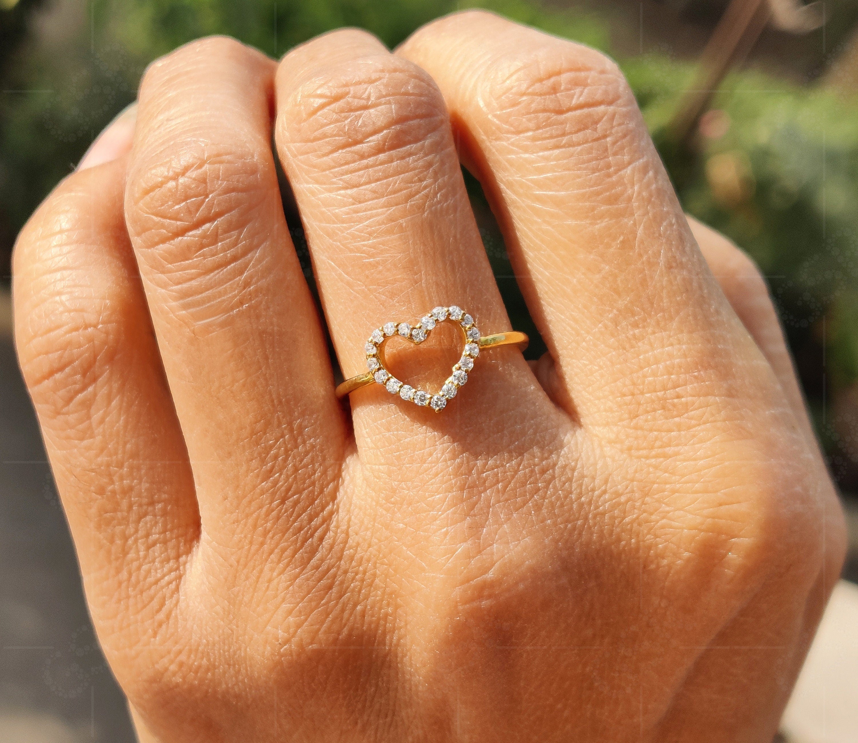 Heartfelt Hollow Heart Ring: Silver and Gold Moissanite Love in a Dainty Design