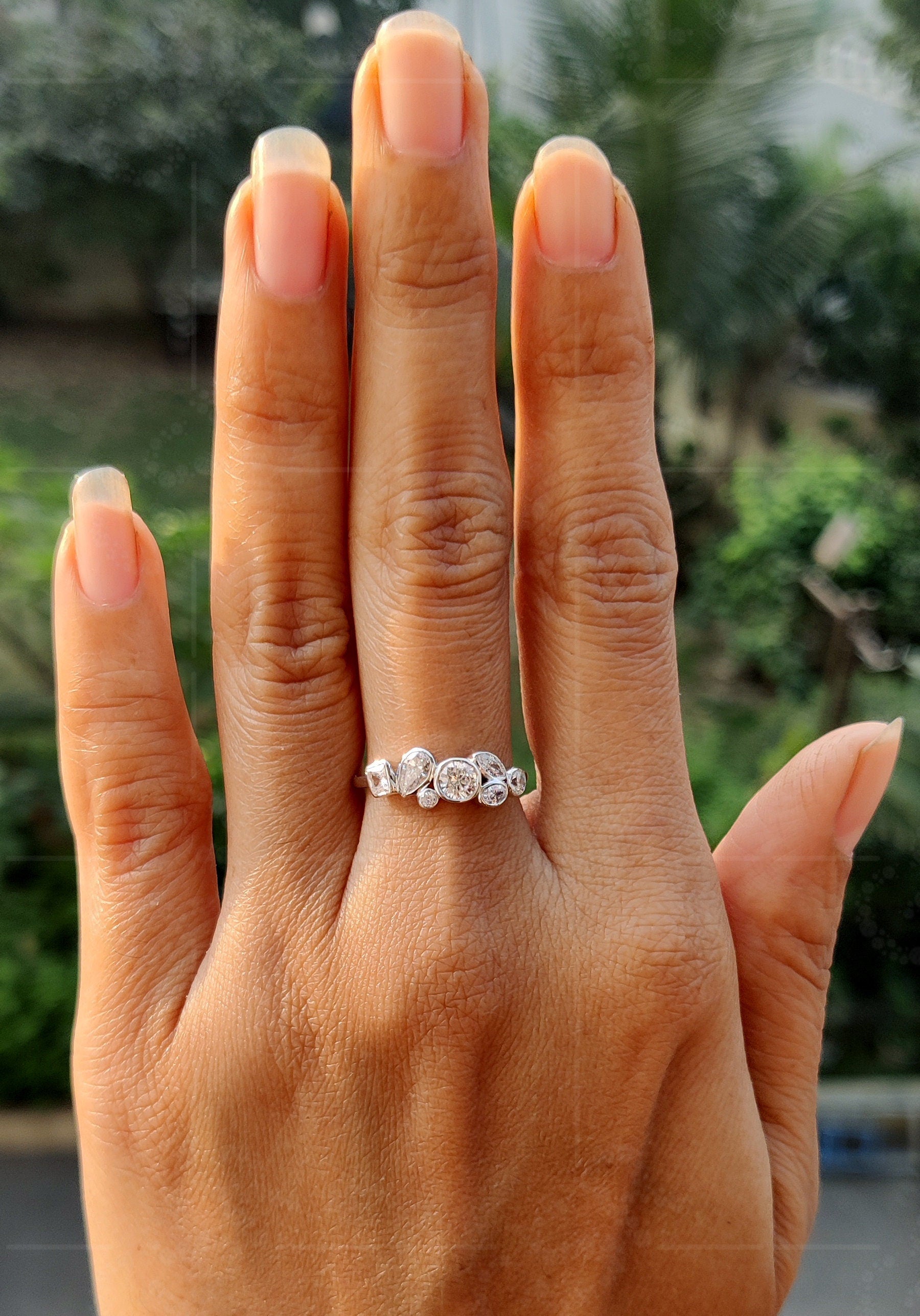 Elegant Bubble Style Bezel Set Moissanite Tiny Gold Ring - Multi Stone Scattered Minimalist Beauty - Anniversary Ring for Women