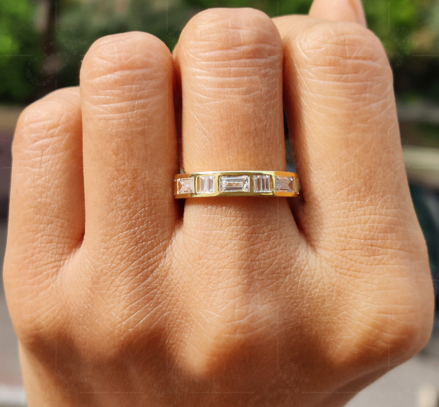 Half Eternity Baguette Wedding Ring in Silver and Gold - Moissanite Women's Band for Anniversaries and Bridal Jewelry