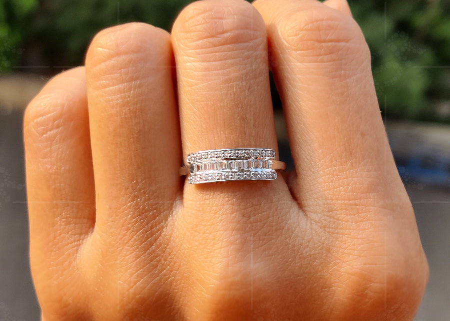 Timeless Sparkle: Moissanite Baguette and Round Cut Wedding Band for Anniversaries, a Minimalist Delight in Silver and Gold