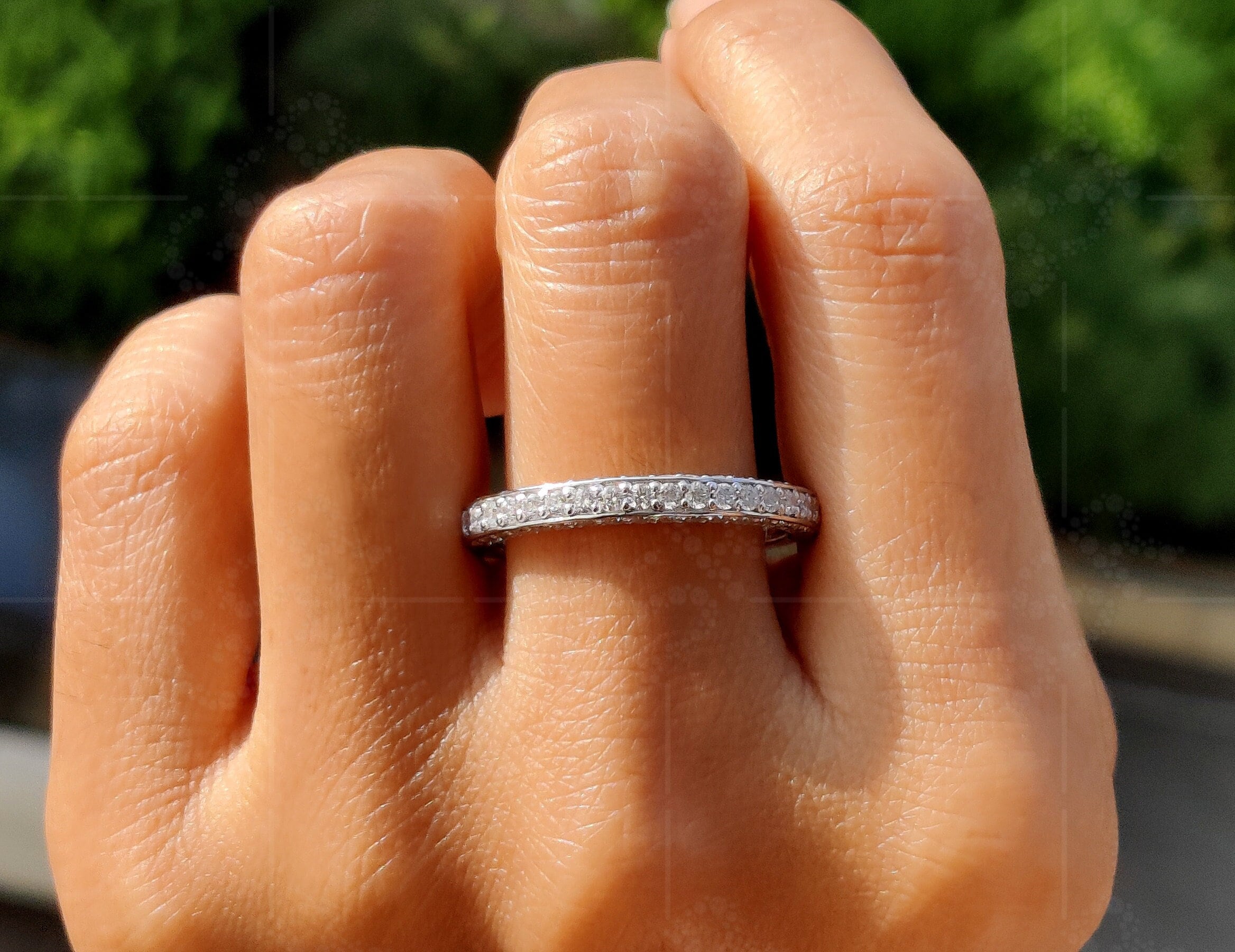 Elegance in Triplicate: 3-Sided Pave Moissanite Wedding Band in Silver and Gold for Timeless Anniversaries