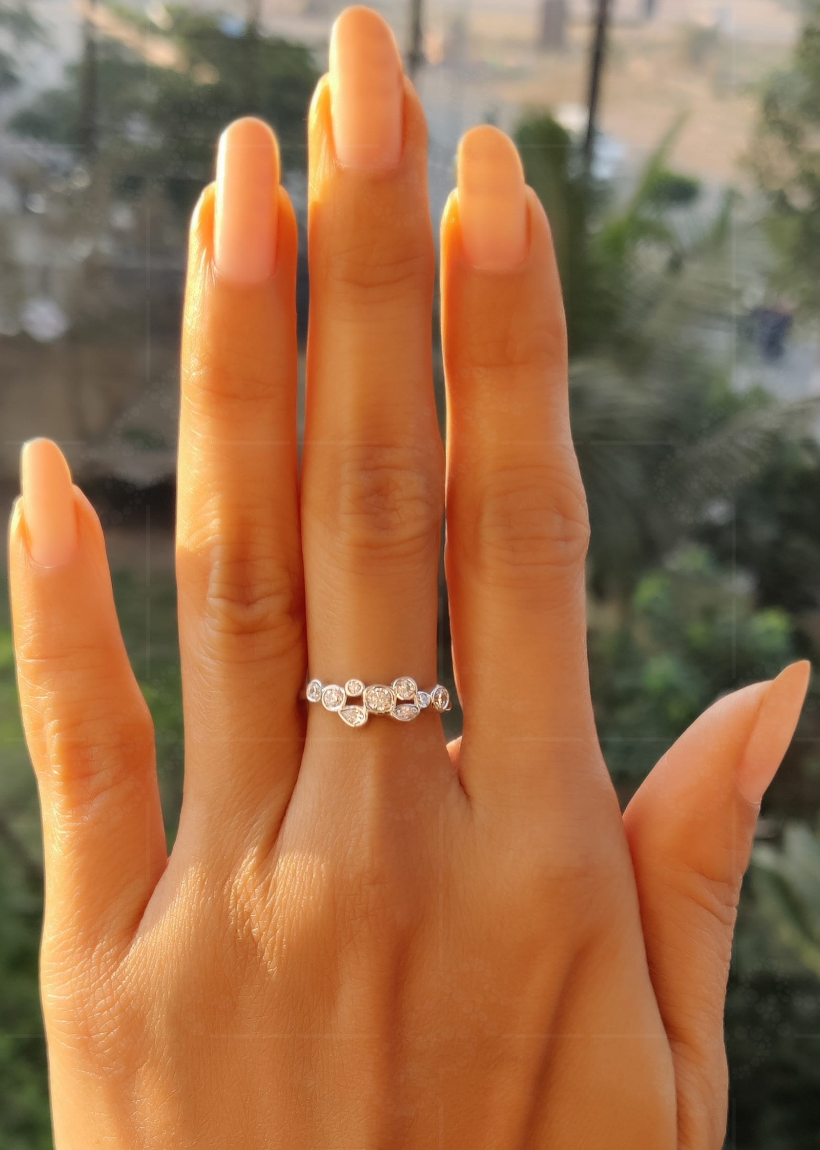 Scattered Beauty: Bubble Style Multi Stone Moissanite Gold Ring, a Minimalist Anniversary Ring for Women, Bezel Set Elegance