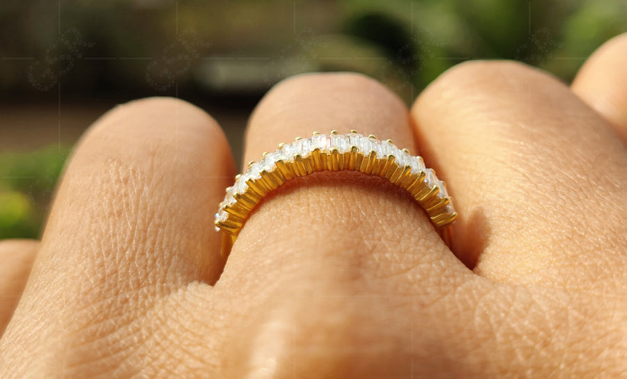 Elegant Baguette Moissanite Cluster Stacking Ring in Silver and Yellow Gold - Minimalist Moissanite Ring, Perfect Gift for Her