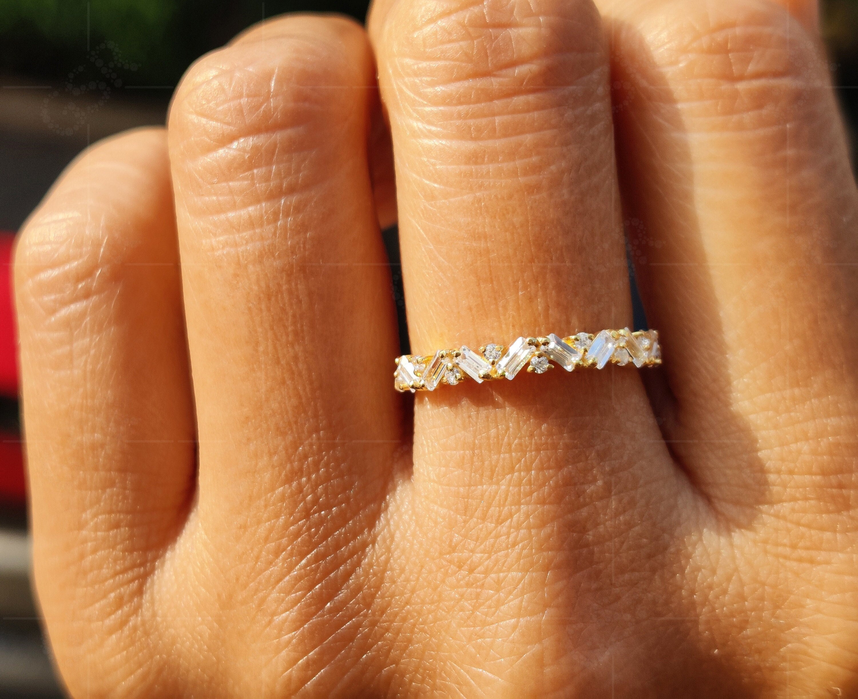 Captivating Brilliance: Baguette Moissanite Cluster Anniversary Ring in Silver and Gold - A Stackable Ring of Moissanite Minimalist Beauty, a Dainty Wedding Band, and the Ultimate Gift For Her