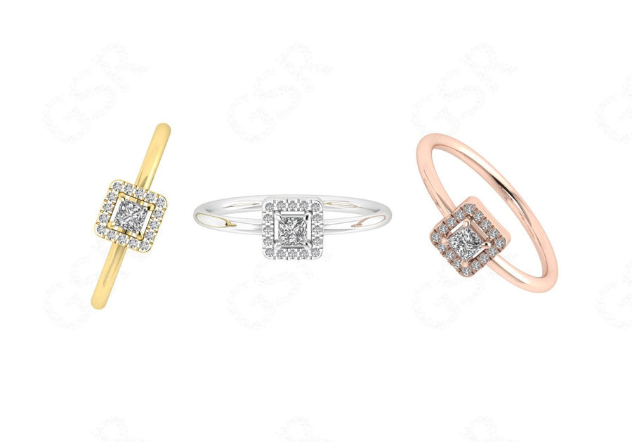 Regal Elegance: Princess Cut Moissanite Ring in Silver and Gold, a Stunning Halo Engagement Ring and Stacking Delight