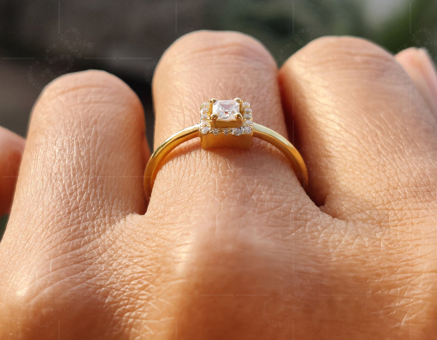 Regal Elegance: Princess Cut Moissanite Ring in Silver and Gold, a Stunning Halo Engagement Ring and Stacking Delight