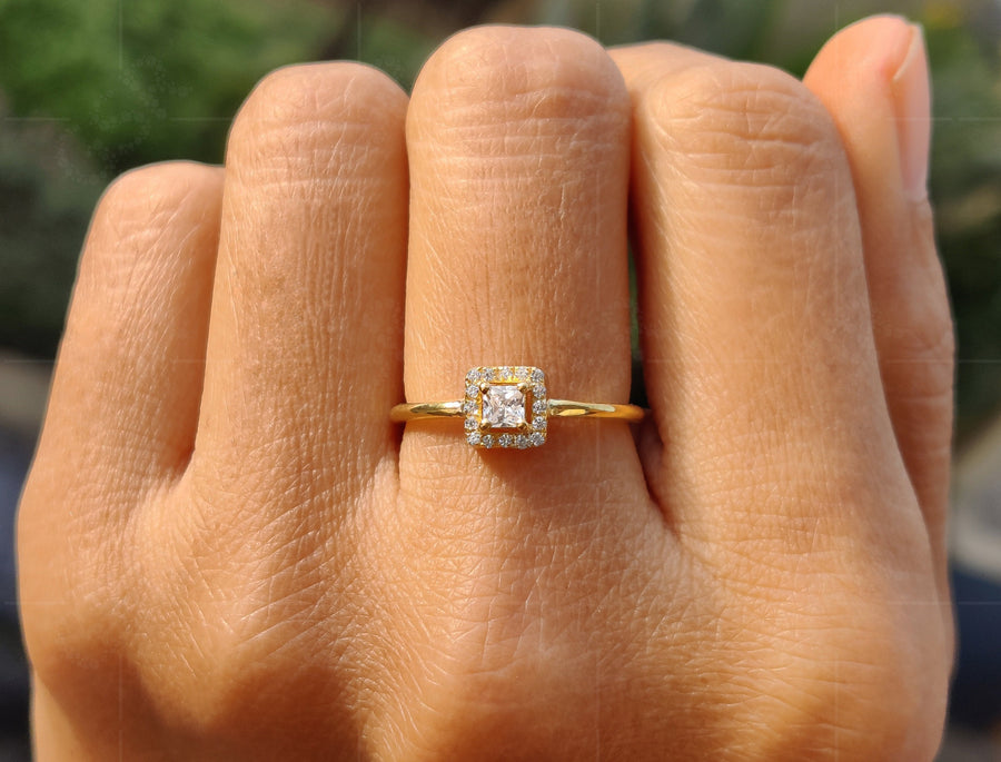 Regal Elegance: Princess Cut Moissanite Ring in Silver and Gold, a Stunning Halo Engagement Ring and Stacking Delight