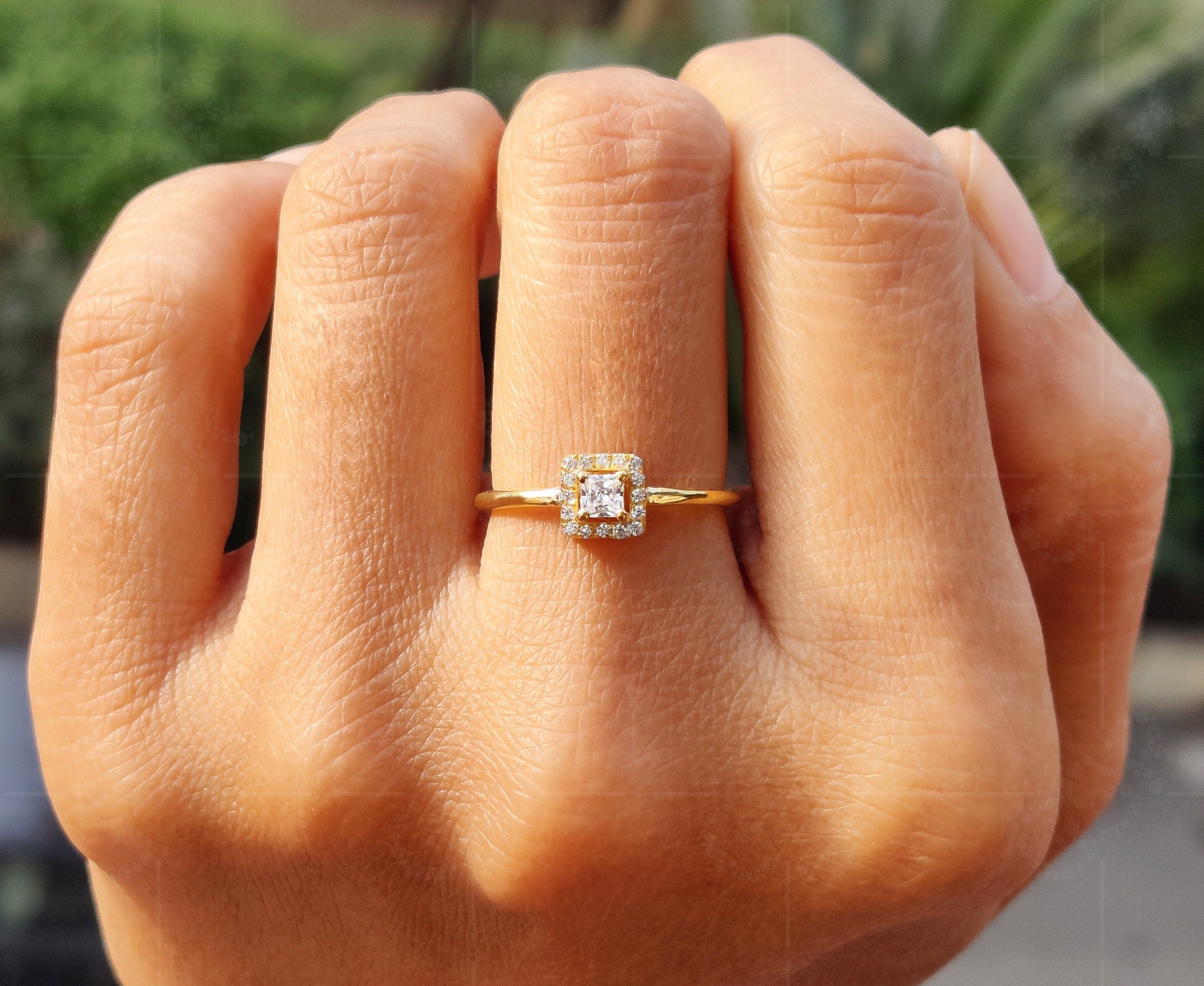 Regal Elegance: Princess Cut Moissanite Ring in Silver and Gold, a Stunning Halo Engagement Ring and Stacking Delight