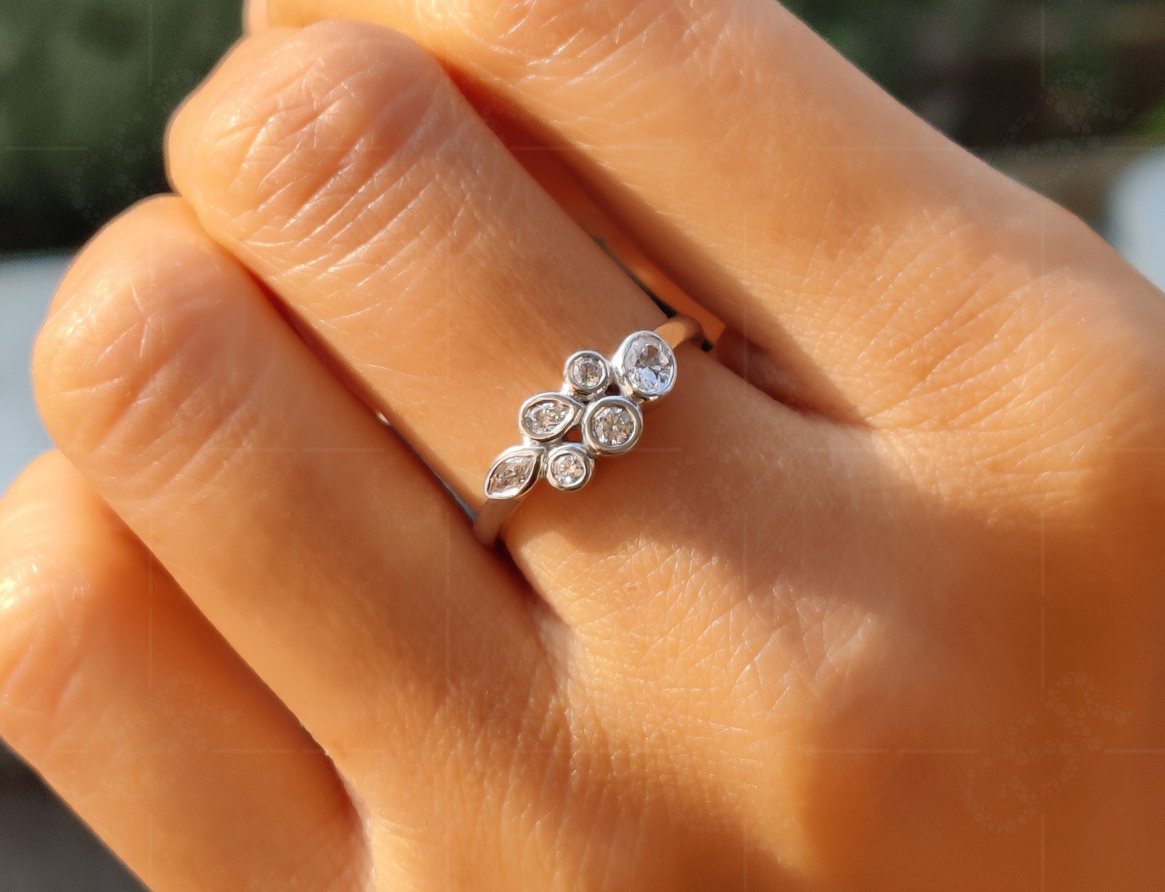 Raindrop Ring: A Delicate Gold Beauty with Multi Stone Scattered Moissanite, Perfect for Minimalist Elegance
