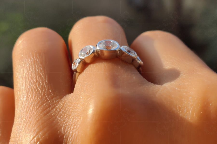 Five Stone Moissanite Cluster Ring: Bubble Bezel Set Silver and White Gold Wedding Ring, Perfect for Anniversaries and Stacking