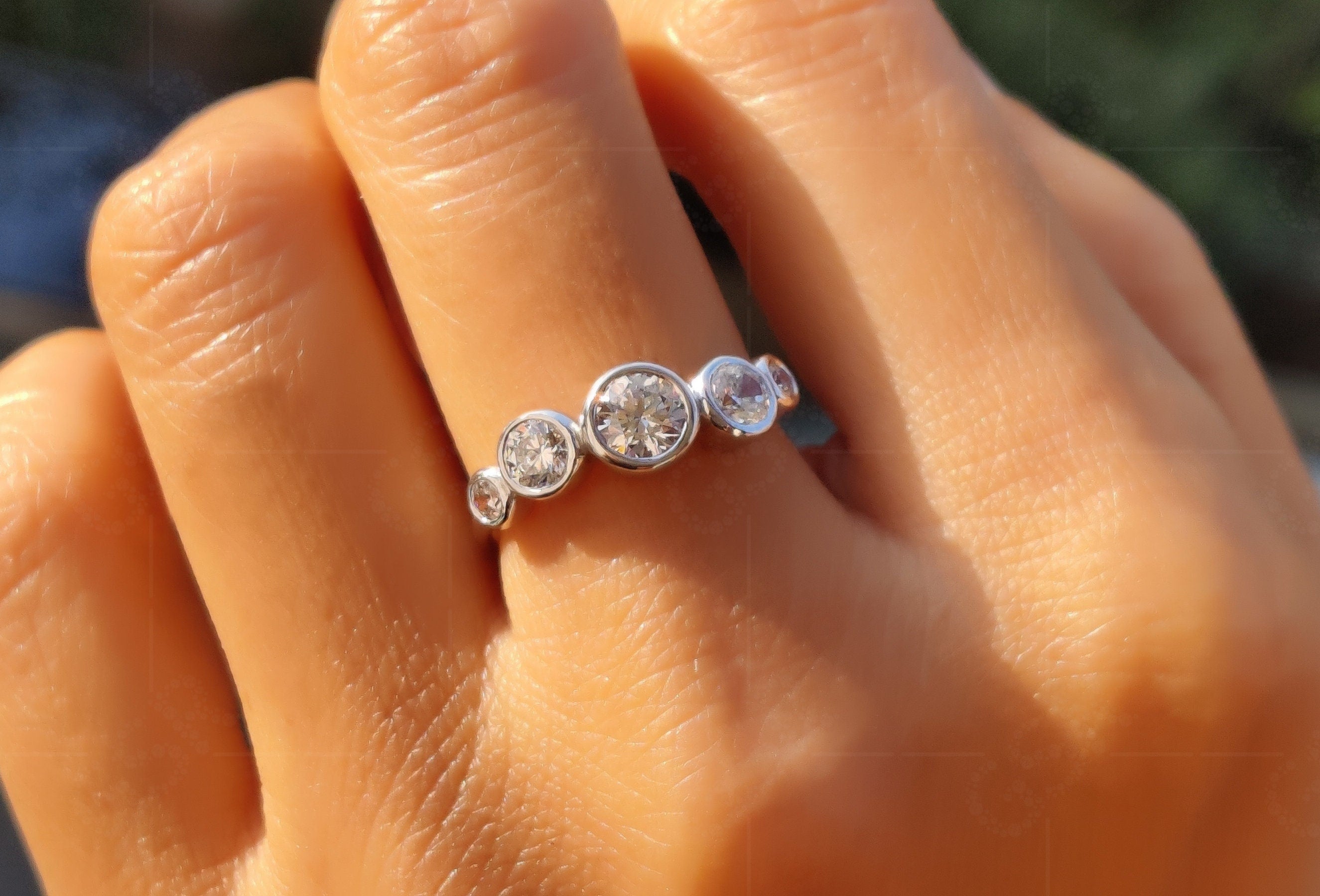 Five Stone Moissanite Cluster Ring: Bubble Bezel Set Silver and White Gold Wedding Ring, Perfect for Anniversaries and Stacking