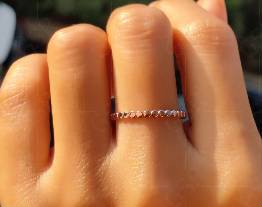 Beaded Gold Wedding Band - Silver and Rose Gold Stackable Ring - Ball Detail Plain Gold Ring - Matching Band - Dainty Gold Ring