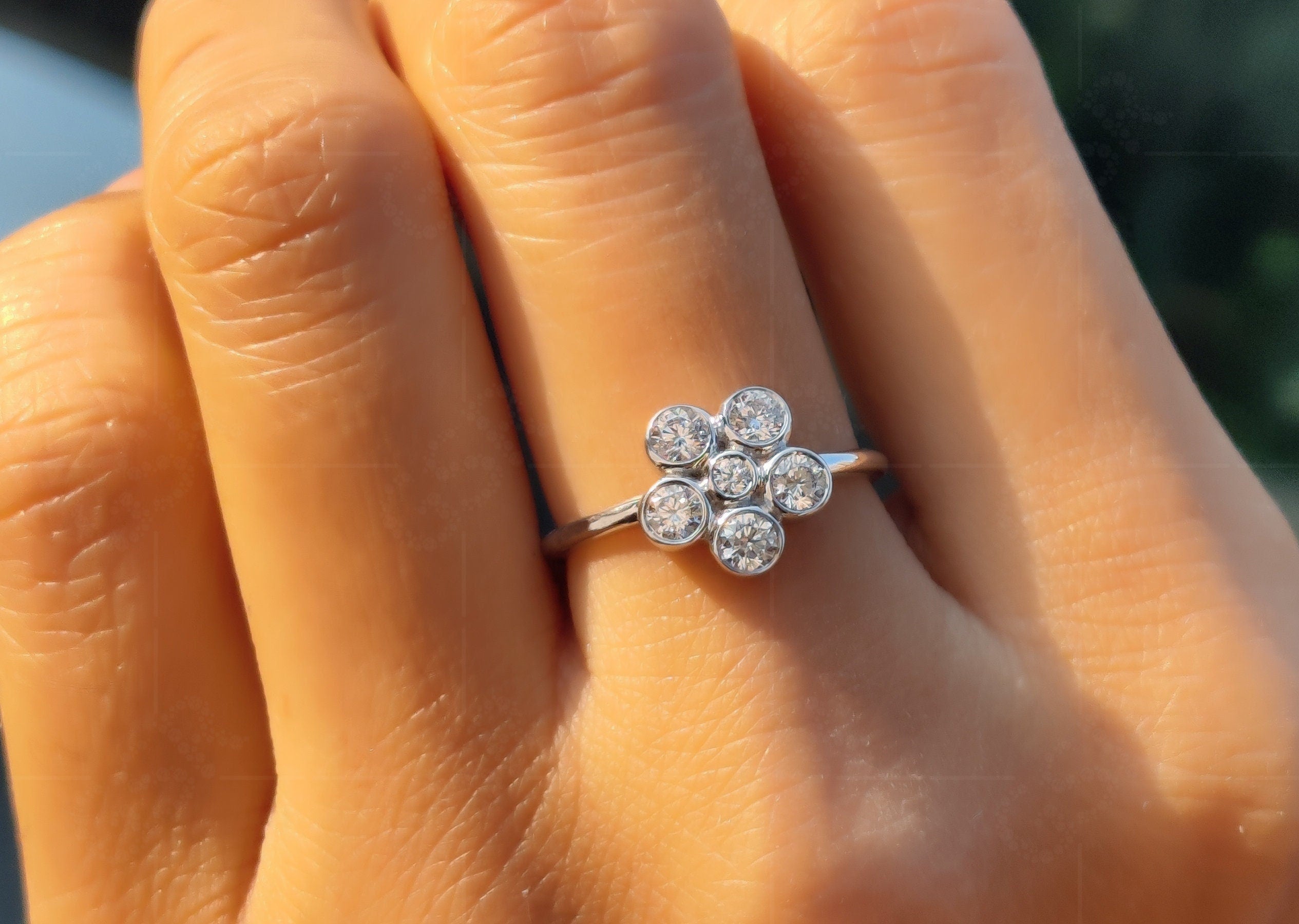 6 Stone Flower Cluster Moissanite Ring - Round Floral Engagement Ring in Silver and Gold - Minimalist Dainty Wedding Ring