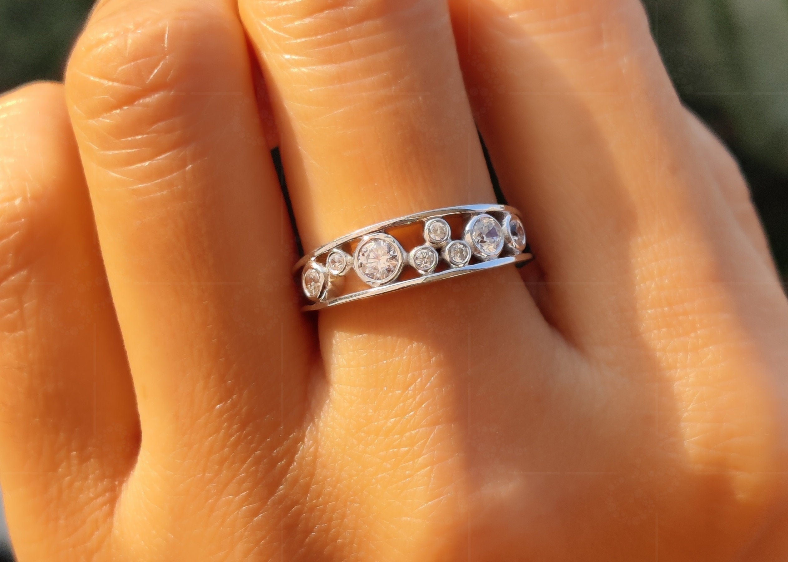 Bezel Set Moissanite Cluster Bubble Ring - Minimalist Gold Anniversary Ring for Women