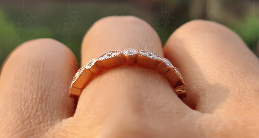 Vintage Marquise Wedding Band - Art Deco Milgrain Moissanite Diamond Ring for Stackable Matching Sets
