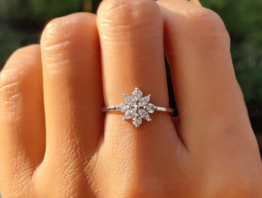 Exquisite Cluster Ring - Round Moissanite Floral Engagement Ring in Silver and Gold. A Stunning Cluster Minimalist Ring, Ideal as a Dainty Wedding Ring or a Beautiful Ring for Women