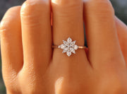 Exquisite Cluster Ring - Round Moissanite Floral Engagement Ring in Silver and Gold. A Stunning Cluster Minimalist Ring, Ideal as a Dainty Wedding Ring or a Beautiful Ring for Women