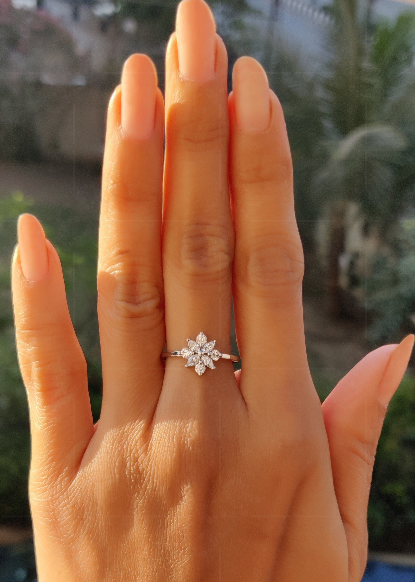 Exquisite Cluster Ring - Round Moissanite Floral Engagement Ring in Silver and Gold. A Stunning Cluster Minimalist Ring, Ideal as a Dainty Wedding Ring or a Beautiful Ring for Women