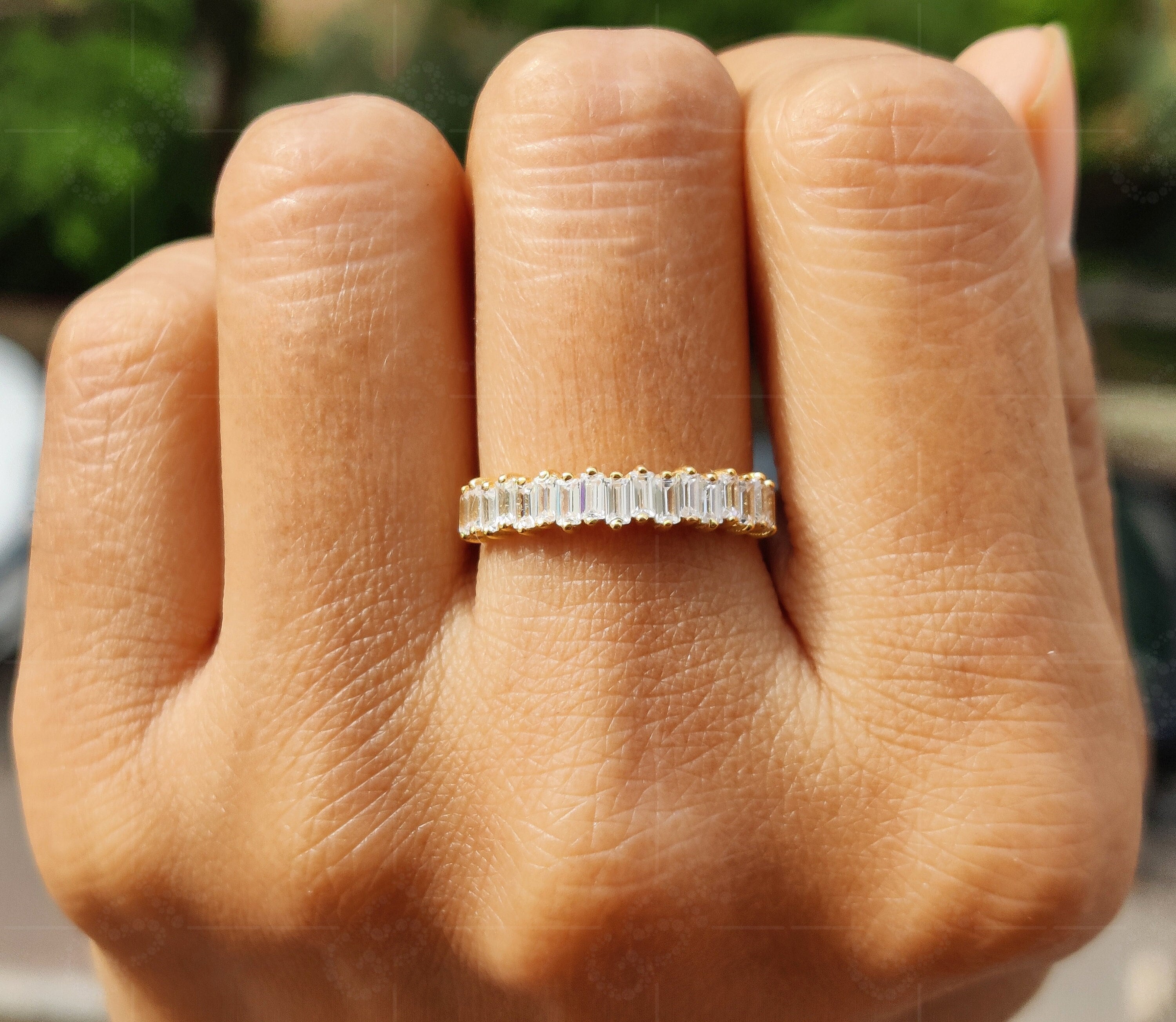 Elegant Baguette Moissanite Cluster Stacking Ring in Silver and Yellow Gold - Minimalist Moissanite Ring, Perfect Gift for Her